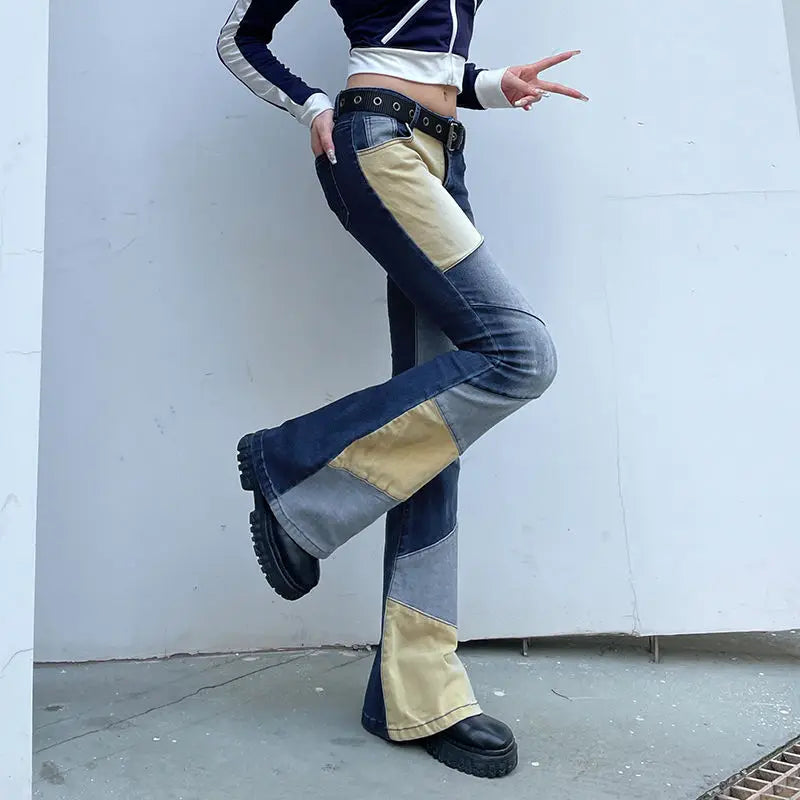 LIZAKOSHT  -  Flare Jeans Contrast Patchwork Low Waist Women'S High Street Vintage Y2K Skinny Blue Denim Trouser Harajuku Outfits