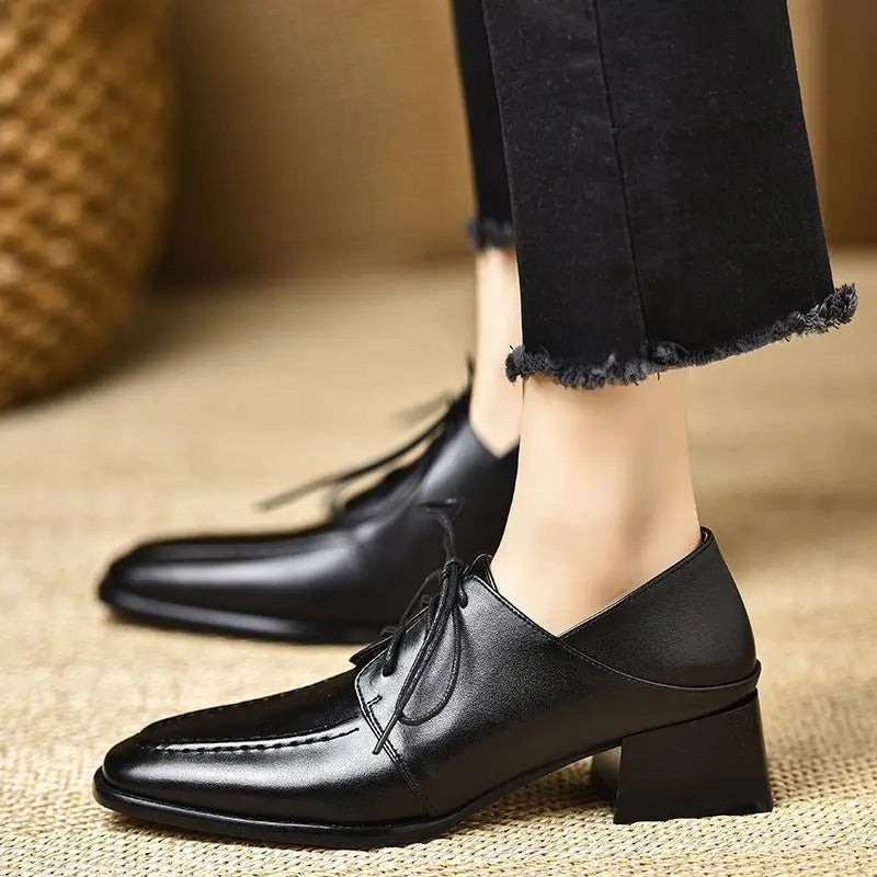 LIZAKOSHT  -  Women's Shoes New Spring/Autumn Retro Square Toe Deep Mouth Soft Leather Thick Heel Lace-up High Heels Ladys Single Shoes