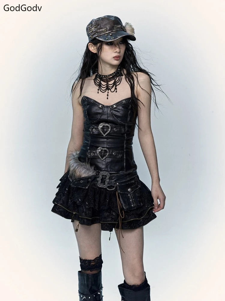 LIZAKOSHT  -  Spring Gothic Vintage Skinny Dark Punk 2 Piece Sets Women Hot Girl Y2k Slim Tops +Ruffle Design Mini Skirt Female Chic Outfits