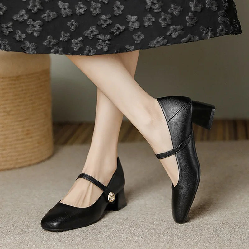 LIZAKOSHT  -  Women 3cm 5cm High Heels Elegant Daily Valentine Pumps Female Soft Leather Elegant Low Heels Metal Buckle Strap Mary Jane Shoes