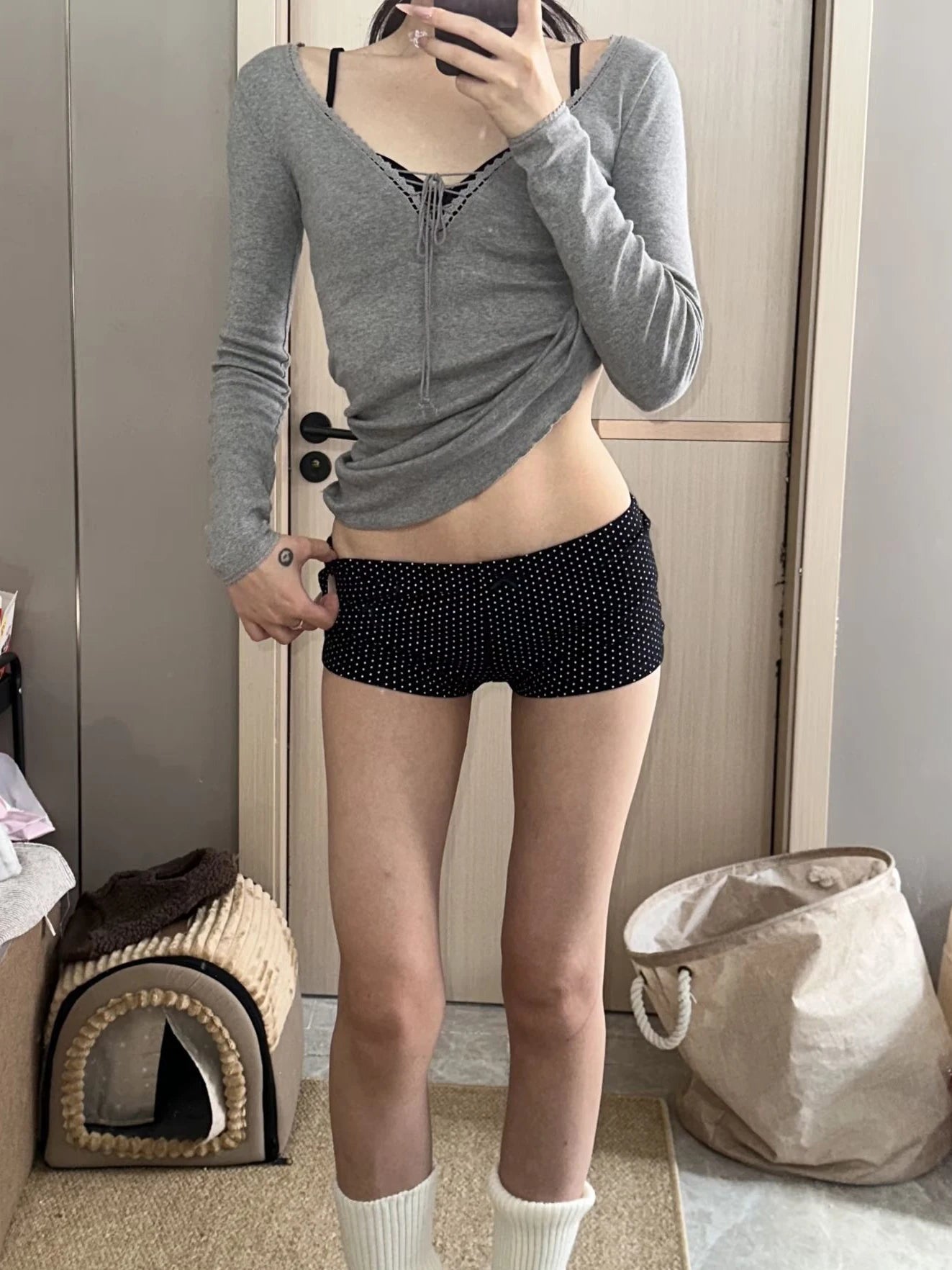LIZAKOSHT  -  Bandage Lace Trim Long Sleeve T-shirt Autumn Sexy V-neck Cotton Slim Tshirt Top Female Casual Simple Solid Elegant Woman's Tees