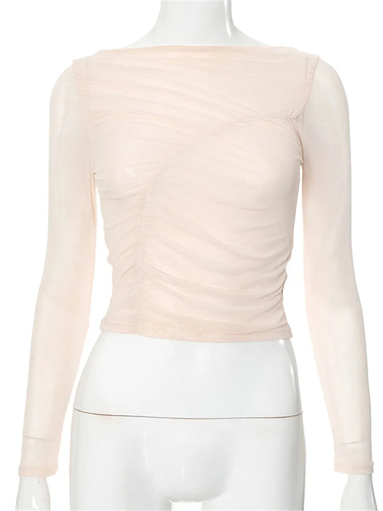 LIZAKOSHT  -  Summer See-Through Mesh T-shirt Top Women Pleated Patchwork See-Through Slim Cropped Top Tee Female Solid T-shirt Pullover
