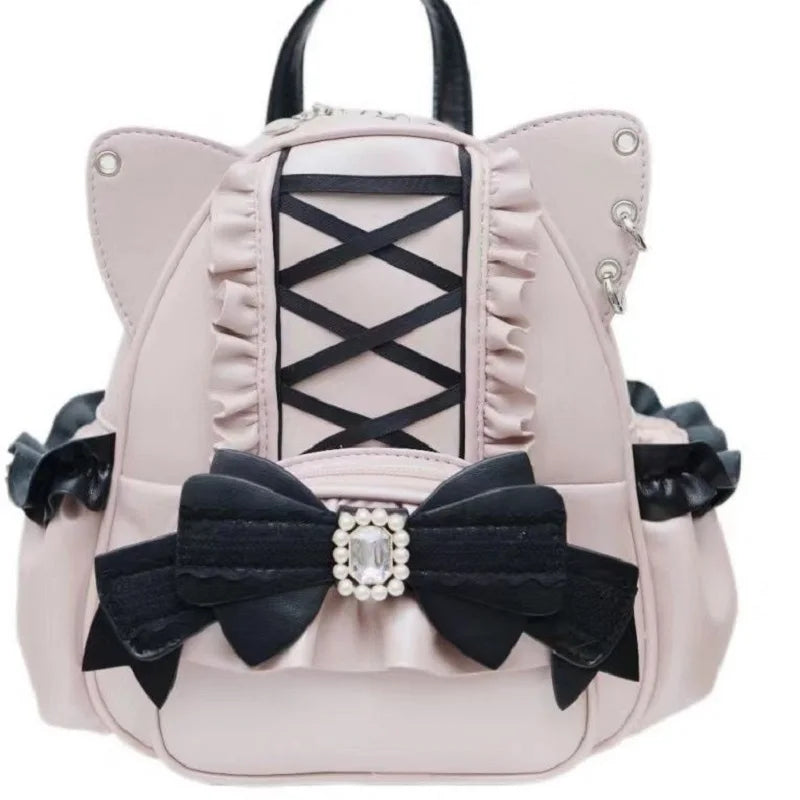 LIZAKOSHT  -  Korean Fashion Y2k Punk Backpack Lace Bow Cat Ear Lotus Lace Decoration Lolita Backbag PU Leather Large Capacity Women Backpack