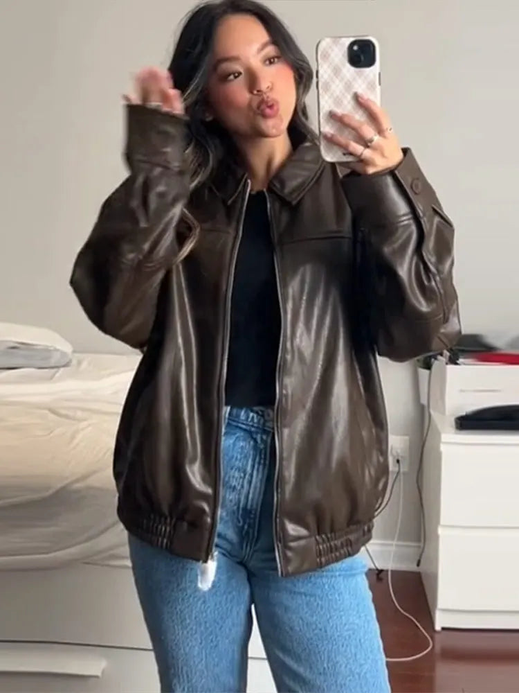 LIZAKOSHT  -  Textured Leather Jacket Coat Vintage Matte Zipper Short Outwear Top Lapel  Cool Fashion Commuter Loose Slimming Biker Jackets
