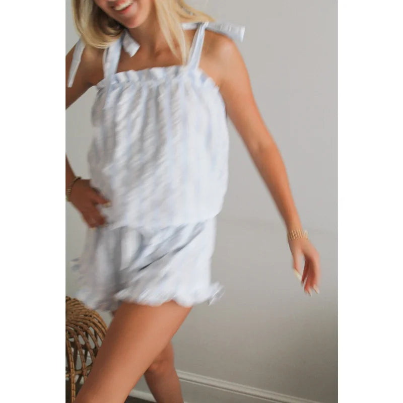 LIZAKOSHT  -  y2k Pajamas Set Women Summer Striped Ruffle Trim Sleeveless Tank Tops and Drawstring Elastic Waist Shorts Loungewear