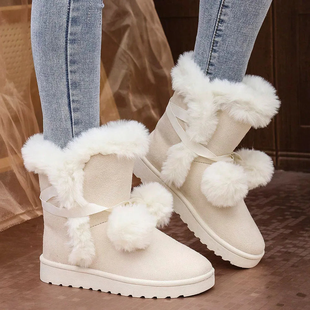 LIZAKOSHT  -  Big Size 43 Winter Cute Pink y2k Snow Boots Black Women Keep Warm Plush Ankle Boots Faux Fur Hairball Flat Comfy Outdoor Shoes