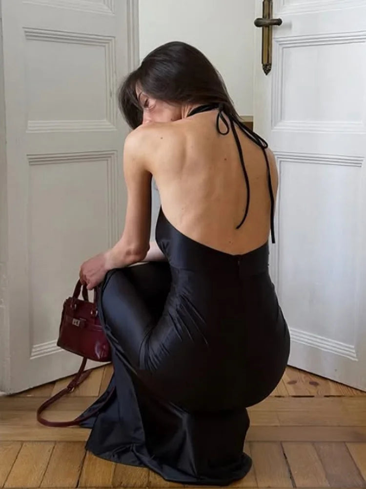 LIZAKOSHT  -  Halter Satin Maxi Dresses For Women Fashion Sexy Streetwear Backless Sleeveless O-Neck Sheath Mini Vestidos Robes Female Slim