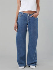 LIZAKOSHT  -  Women Drawstring Jeans Loose Solid Color Low Waist Straight Leg Denim Pants Casual Long Trousers Out Going Pants
