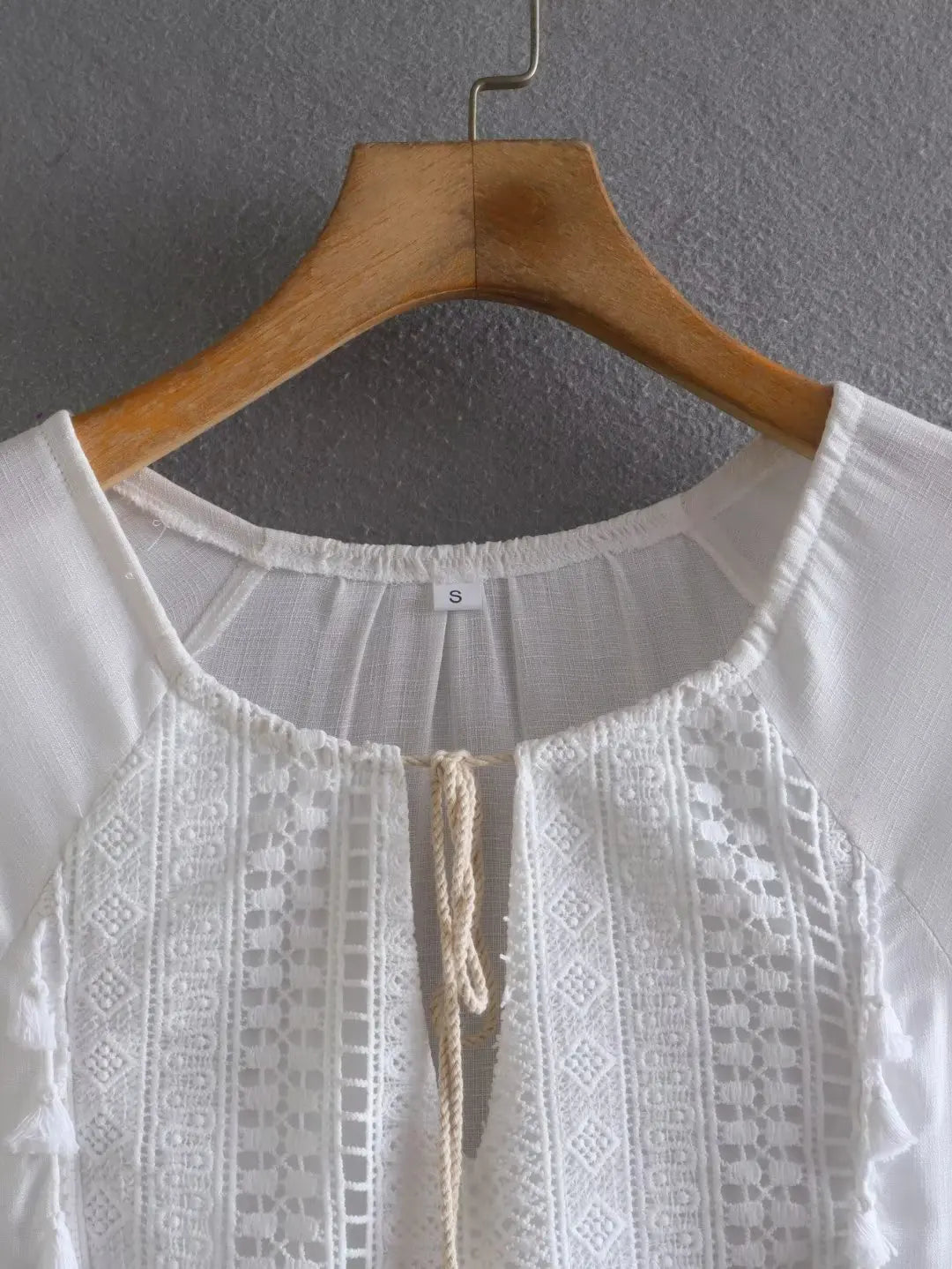 LIZAKOSHT  -  White Short Sleeve Lace Dress for Women Robe Casual Lace Up Tassel O-neck Mini Dresses Summer Boho Beach Wear Vestidos