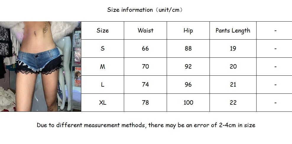 LIZAKOSHT  -  Retro Sexy Lace Spliced Ultra Short Jeans Woman Y2K Streetwear Washed Fashion Casual Hot Girl Low Waist Hip Cover Jeans