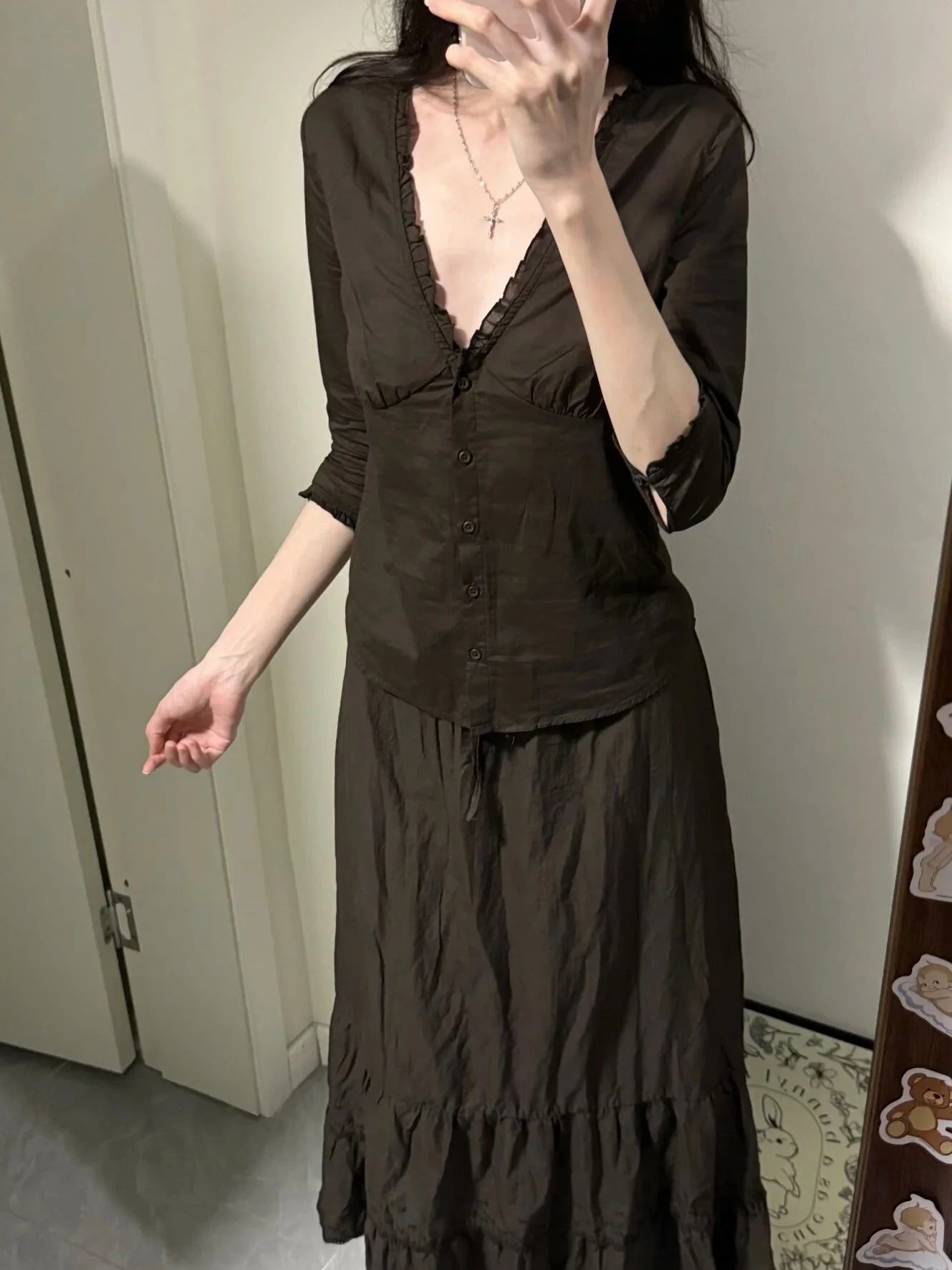 LIZAKOSHT  -  Ruffles Three Quarter Sleeve T-shirt Blouse Woman Autumn V-neck Single Breasted Cotton Slim Casual Shirts Brown Vintage Tops