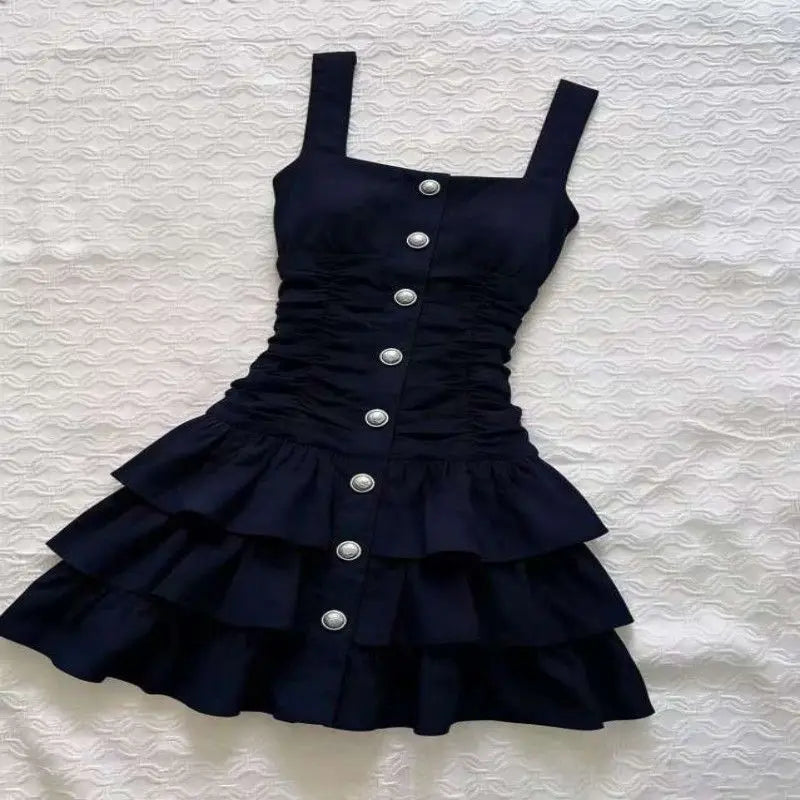 LIZAKOSHT  -  2000s Harajuku Vintage Slim One Piece Dress Korean Y2k French Elegant High-End Mini Dress Japan Style Dark Gothic Strap Dress