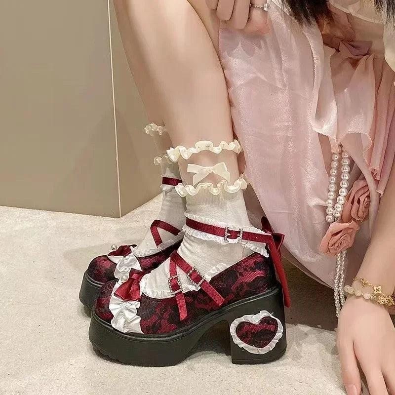 LIZAKOSHT  -  New Princess Shoes with Elegant Temperament Soft Sole Lace Lolita Original Thick Heel Height Increasing Mary Jane Single Shoe