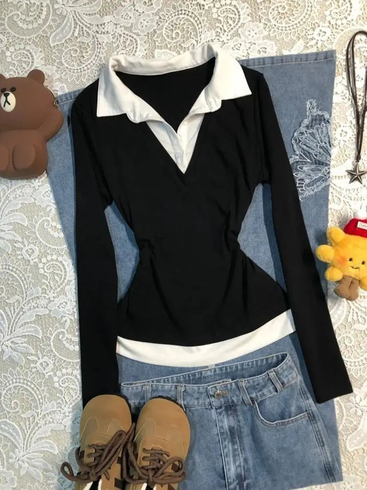 LIZAKOSHT  -  Causal Fake Two Woman Tshirts Ropa Mujer Patchwork Long Sleeve Slim Waist Base Shirt Women Clothing Harajuku Fashion Tops