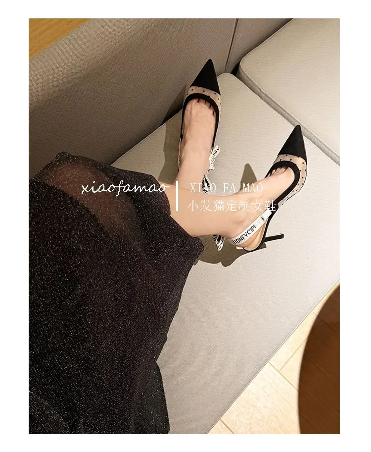 LIZAKOSHT  -  New lace mesh high heels for women slim heels with a straight strap and a toe cap butterfly bow polka dot single shoes for women