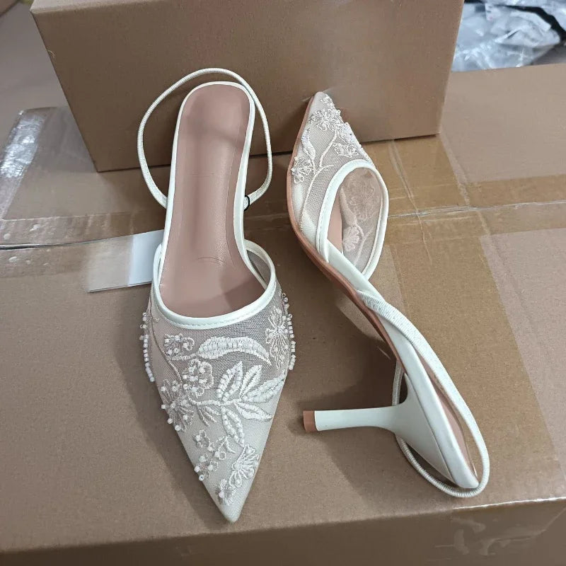 LIZAKOSHT  -  Design Mesh Embroidered Flowers Sandals Women Breathable 2025 Summer Slingback Pumps Women Sexy Pointed Toe Thin High Heels