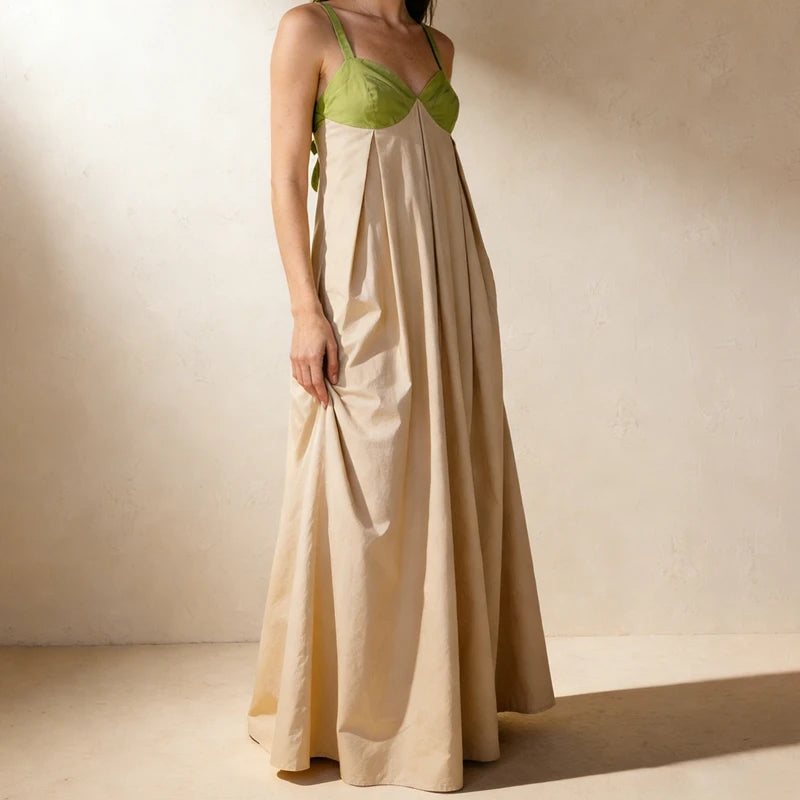 LIZAKOSHT  -  Women Loose Fit Maxi Dress Summer Sleeveless Patchwork Contrast Color Flowy Dress Beach Party Back Tie Long Dress