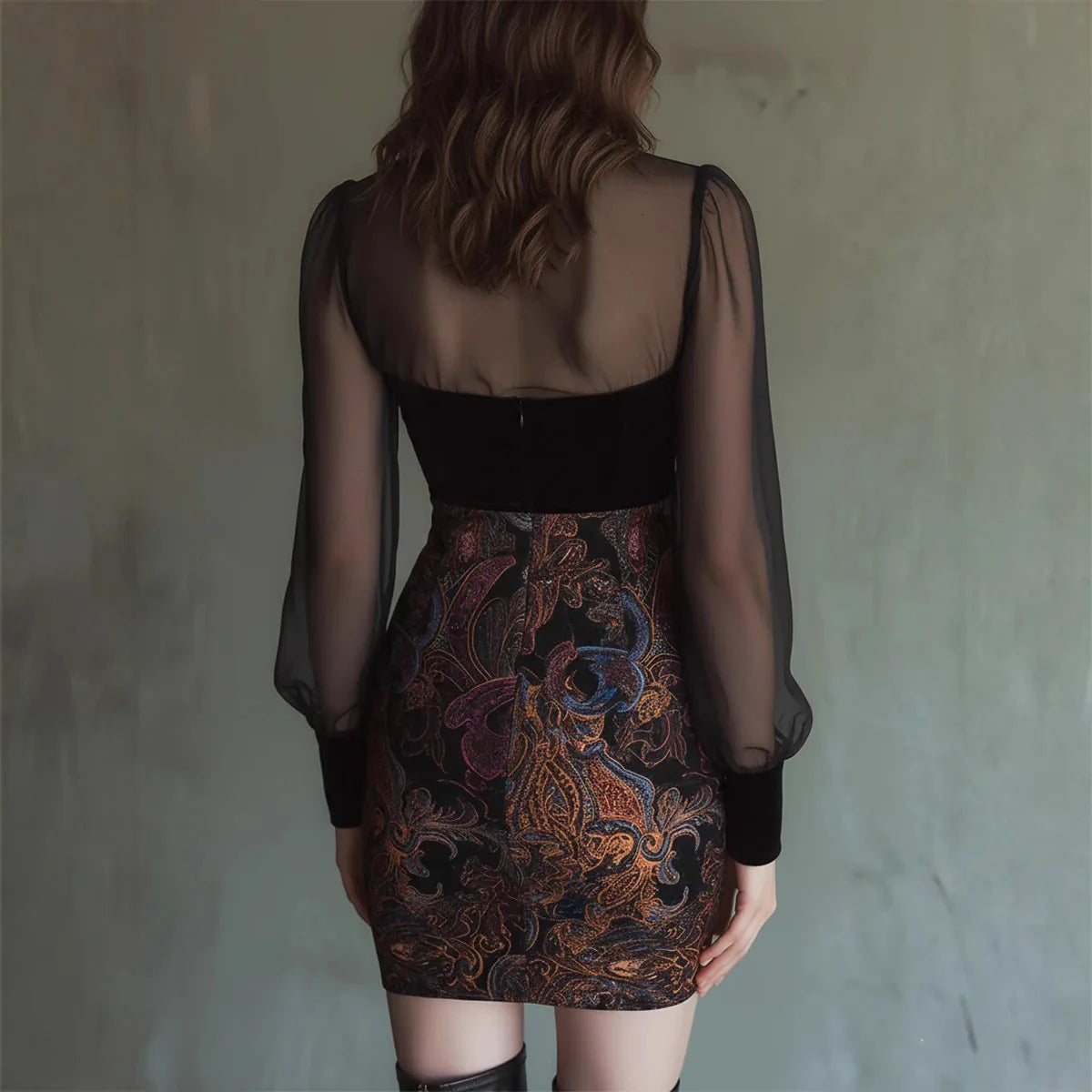 LIZAKOSHT  -  Sexy Transparent Mesh Stitching Long-sleeved Dress Women's Temperament Waist V-neck Wrap Hip Dress Spring Geometric Print Skirt