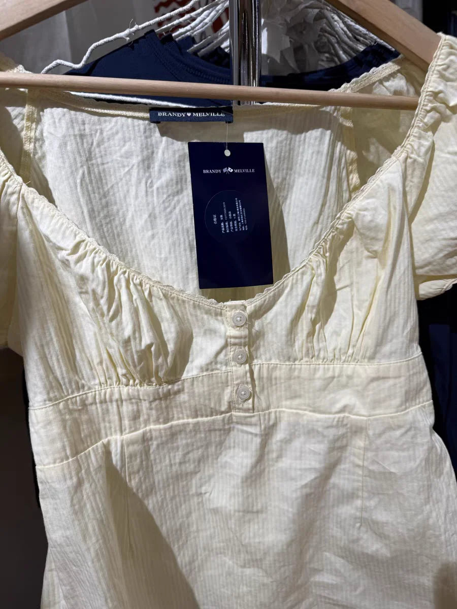 LIZAKOSHT  -  Yellow Lace Trim T-Shirt Blouse Women Three Buttons Square Neck Puff Sleeve Cotton Tee Shirt Summer Sweet Cute Crop Tops Y2k New
