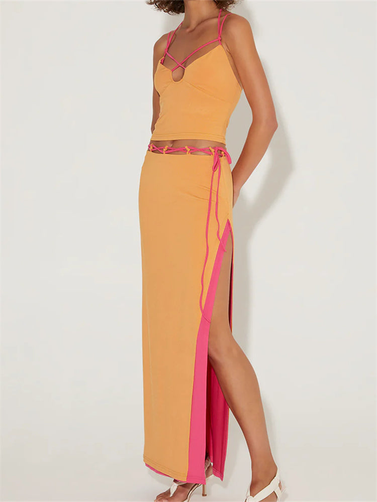 LIZAKOSHT  -  Sexy Women 2 Pieces Summer Outfits Sleeveless Spaghetti Strap Halter Camis Tops Split Long Skirts Sets Beachwear