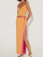 LIZAKOSHT  -  Sexy Women 2 Pieces Summer Outfits Sleeveless Spaghetti Strap Halter Camis Tops Split Long Skirts Sets Beachwear