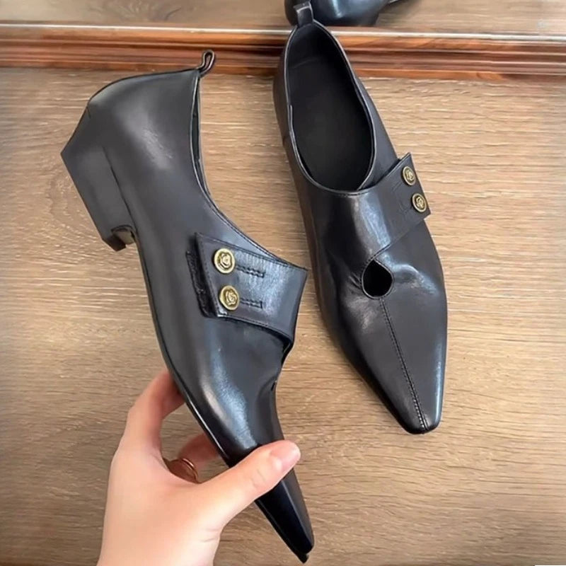 LIZAKOSHT  -  Designer Low Heel Loafers Women Retro Pointed Toe Fashion British Style Small Leather Shoes Elegant Brand Mary Jane Shoes Women