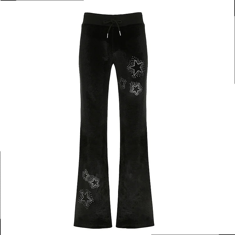LIZAKOSHT  -  UShaped Star Rhinestone Velvet Low Waist Slim Flared Pants Trousers Jumpsuit Playsuit