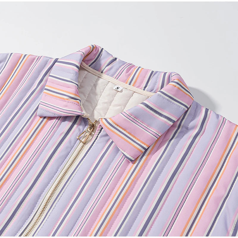 LIZAKOSHT  -  Chic Colorful Striped Lapel Collar Jacket Women Full Sleeve Zipper Patch Pockets Coat 2025 Autumn Female Chic Casual Outerwear