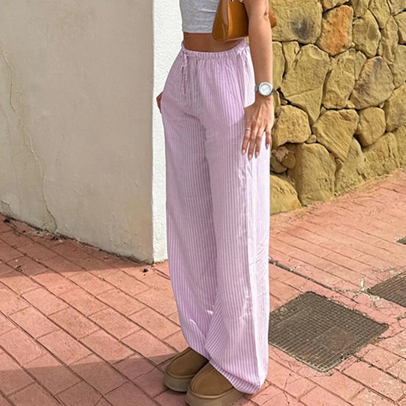 LIZAKOSHT  -  Streetwear Striped Print Loose Trousers Lace-up Joggers Fashion Y2K Baggy Pants Basic Aesthetic 90s Cute Bottoms