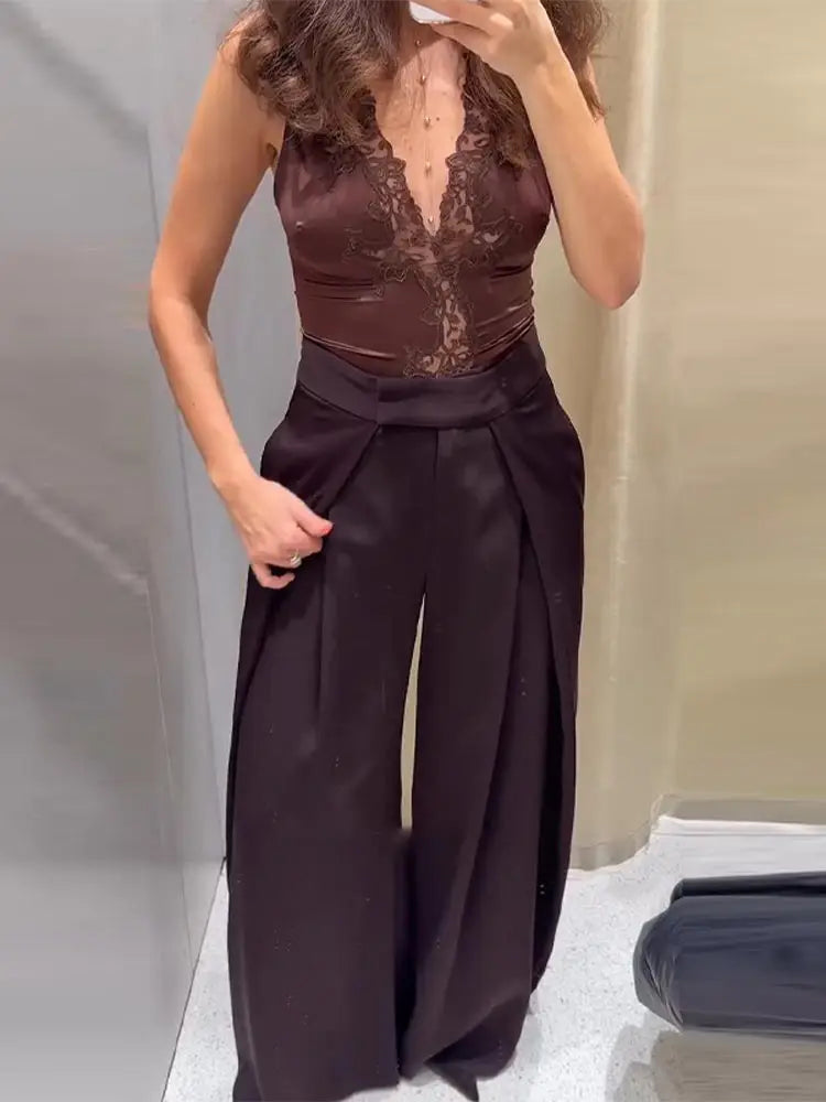 LIZAKOSHT  -  Women's Pants Woman Clothing Wide-Leg Trousers Y2k Pants Tracksuit Female Pinstripe Pleated Fashion High-Waist Casual Bottoms