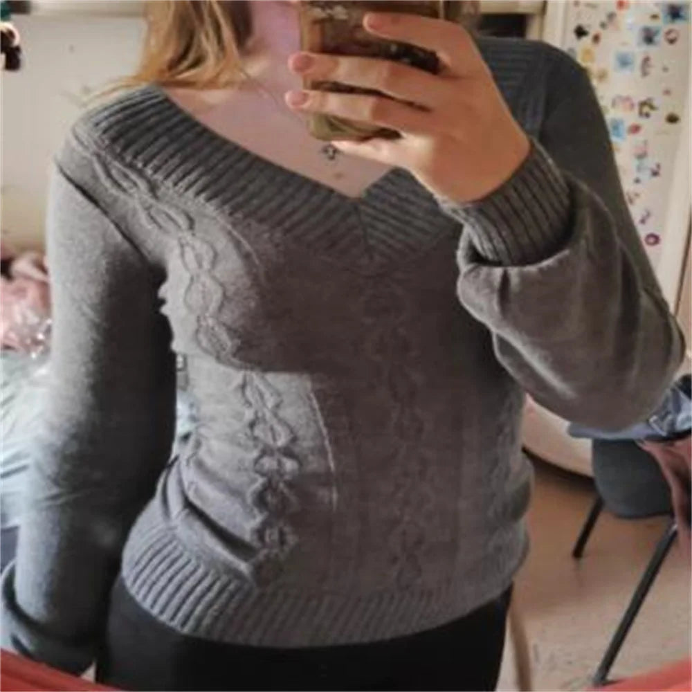 LIZAKOSHT  -   Ladies V-Neck Knitted Sweater Sweet Off Shoulder Loose Autumn Winter Outerwear Comfortable Long Sleeve Tops Grey Pullovers Tops