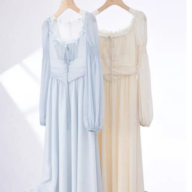 LIZAKOSHT  -  Elegant Square Collar Chiffo Dresses 2025 New Long Sleeve Dress for Women Y2k Early Autumn Slim Waist Vestidos De Mujer