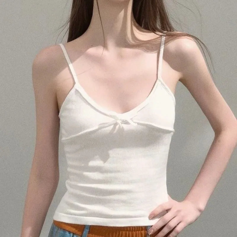 LIZAKOSHT  -  Spring Summer Korean All Match Two Piece Sets Sweet Lace Knitted Hollow Out Short Cardigan Y2k Bow Appliques Basic Slim Tanks