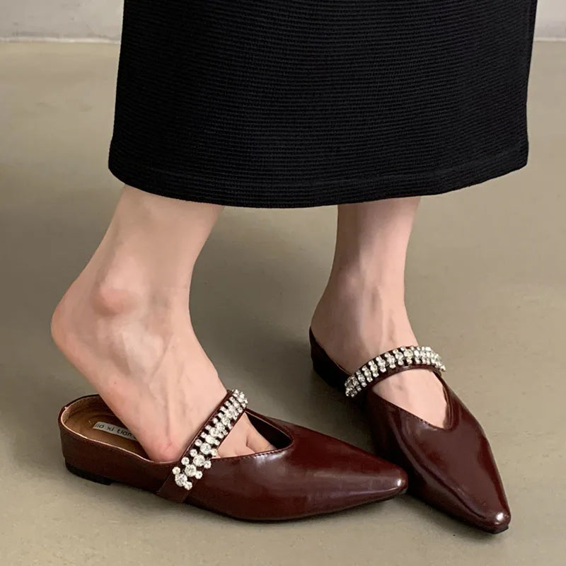 LIZAKOSHT  -  Bling Crystal Flat Heel Slippers Mules Women Wrap Toe Banquet Stiletto Sandals New Summer Luxury Formal Party Shoes Female Slide