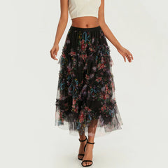 LIZAKOSHT  -  Early Fall Floral Print Ruffle Mesh Skirt Women Irregular Flowy A-line Midi Skirt for Travel, Beach, Shopping