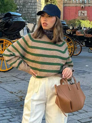 Lizakosht Green Stripe Knitted O-neck Casual Jumper For Women Long Sleeve Ribbed Cuff Loose Elegant Sweater Fall Winter Chic Lady Pullover