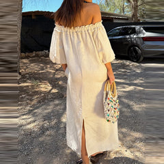 LIZAKOSHT  -  Fruit Printed Loose Vacation Long Dress Leisure Slash Collar Half Sleeve Pocket Dress Summer New High Waist Pleat Linen Dresses