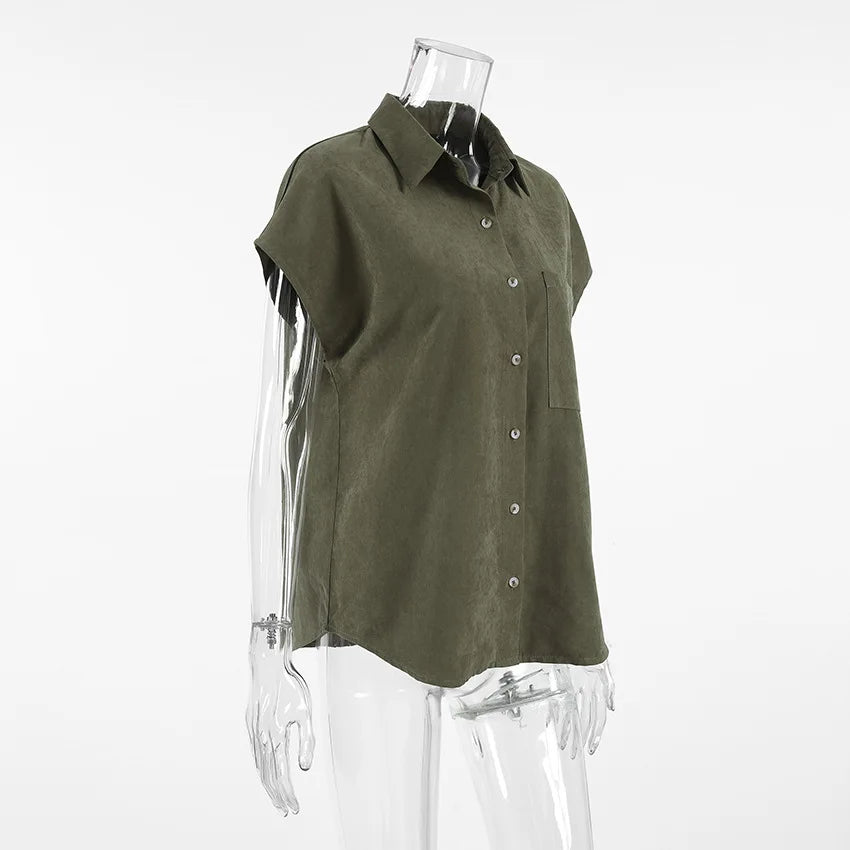 LIZAKOSHT  -  Summer 2025 Vintage Retro Green Blouse Shirt Women Turn-down Collar Single-breasted Pocket Sleeveless Casual Top For Women 55905