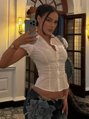 LIZAKOSHT  -  Casual Solid White Crop Blouses for Women Fashion Turn-down Neck Shirts Streetwear Korean Y2K Button Up Clothings