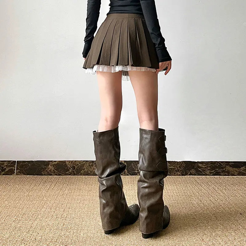 LIZAKOSHT  -  Girls' Wind Lace Stitching Tooling Skirt Spring and Summer High Waist Fashion Spice Girls Pleated Skirt