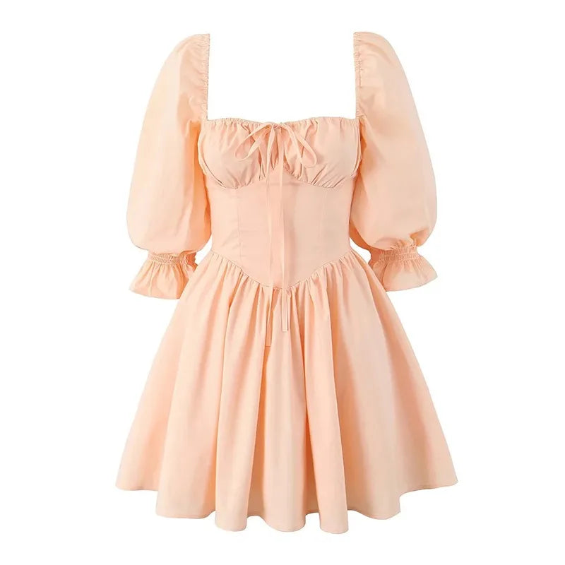 LIZAKOSHT  -  Fashion Sweet Style Dress Women's Autumn Bubble Sleeve Splicing Design Pleated Skirt