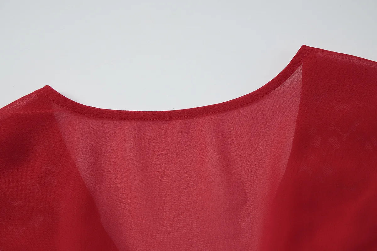 LIZAKOSHT  -  Summer Fashion New Women's Elegant Design Dress with Hollow V-neck Mesh Waist and Trumpet Sleeves Spicy Girl Dress