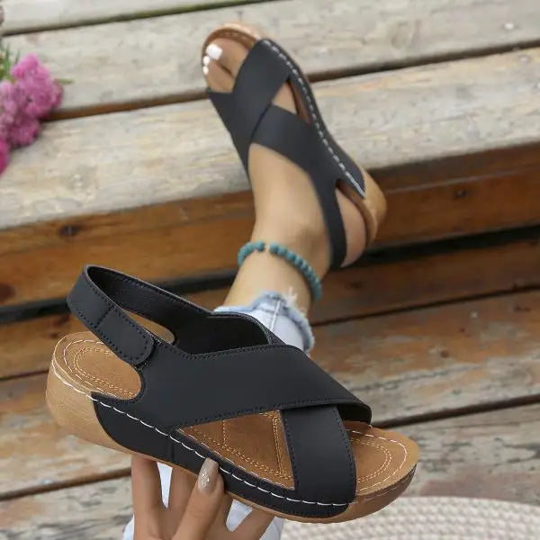 LIZAKOSHT  -  Clogs With Heel Low Sandals Woman Leather Large Size Summer Beach Shoes Open Toe Muffins shoe Suit Female Beige Thick Low-h