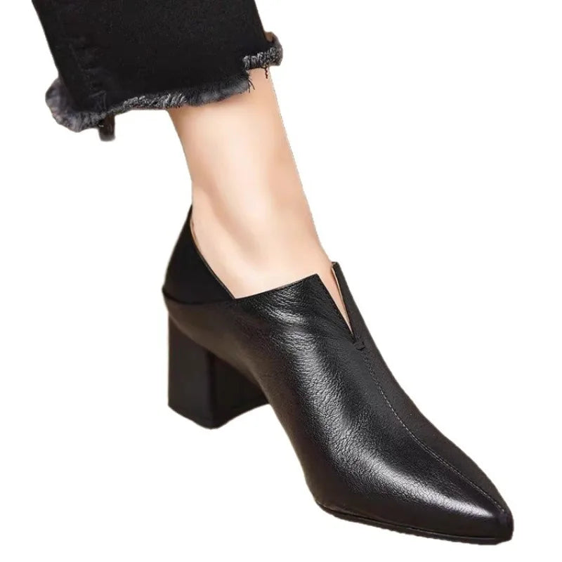 LIZAKOSHT  -  Women's  Pointed Toe Block Heel Pumps Soft Leather Deep Mouth Slip On Shoes Elegant Mid Heel Office Ladies Footwear for Autumn