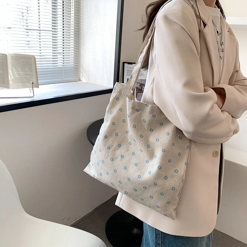 LIZAKOSHT  -  Linen Canvas Casual Female Tote Shoulder Bag Side Bag for Ladies Print Reusable Shopping Bags Handbag Eco Grocery