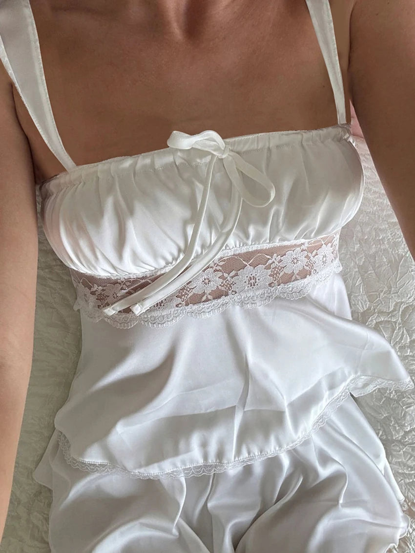 LIZAKOSHT  -  Lace Ladies Nightgowns Suit Strap Pajamas Crop Top Sleepwear Lace Up Nightie Tank Tops Nightwear Shorts Home Clothes