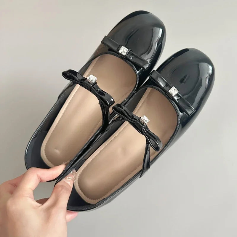 LIZAKOSHT  -  Patent Leather Round Toe Chunky Mary Jane Shoe Woman Pumps Shallow Leisure Dress Shoes Crystal Fashion Sweet High Heeled Women