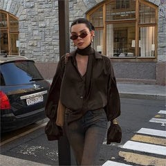 LIZAKOSHT  -  Retro Brown Shirt For Women 2025 New Summer Casual Solid Loose Single Breasted Blouse Simple Turn-down Collar Long Sleeve Shirts
