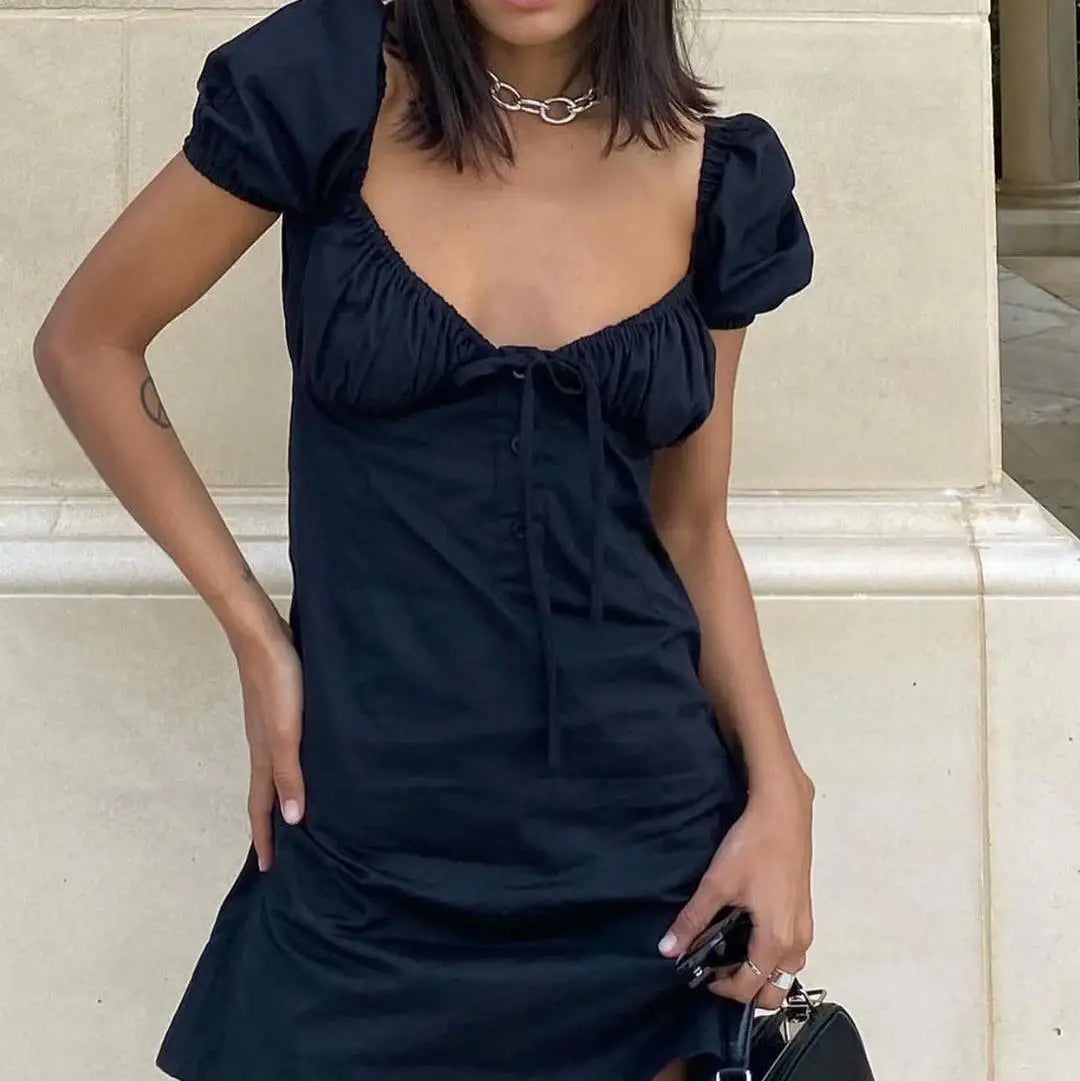 LIZAKOSHT  -  Summer dress women mini dress sexy casual korean dresses elegant  party dresses casual ruched puff sleeve dress pink