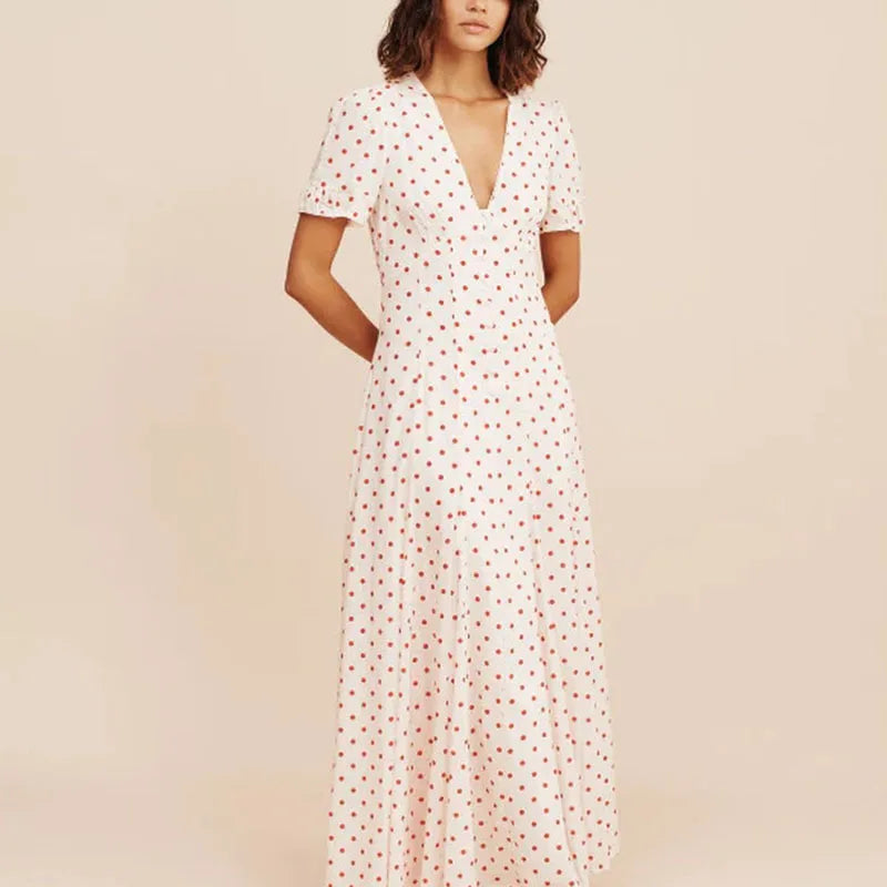 LIZAKOSHT  -  French Style Seaside Vacation Long Dress Elegant Polka Dot Print V-neck Evening Dress Casual Short Sleeve High Waist Swing Dress